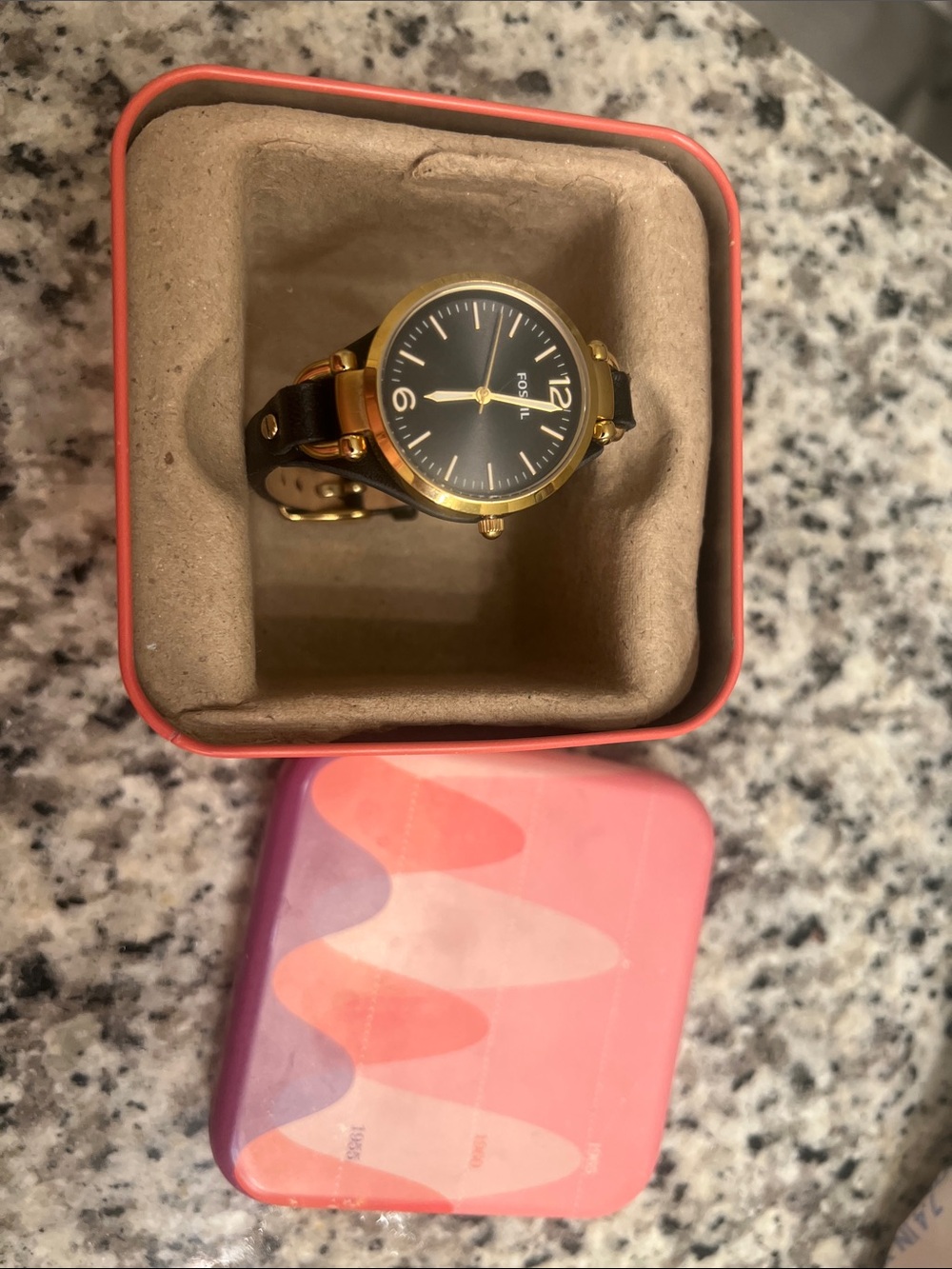Women’s Fossil Black Dial Watch with Gold-Tone Case and Brown Leather Strap